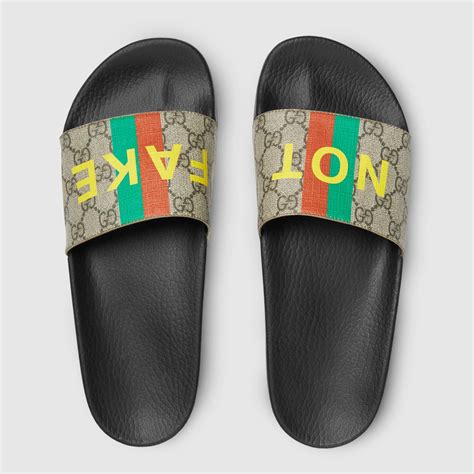 gucci men's 'fake/not' print slide sandals - beige multi|GUCCI GG Supreme Monogram Fake/Not Slide .